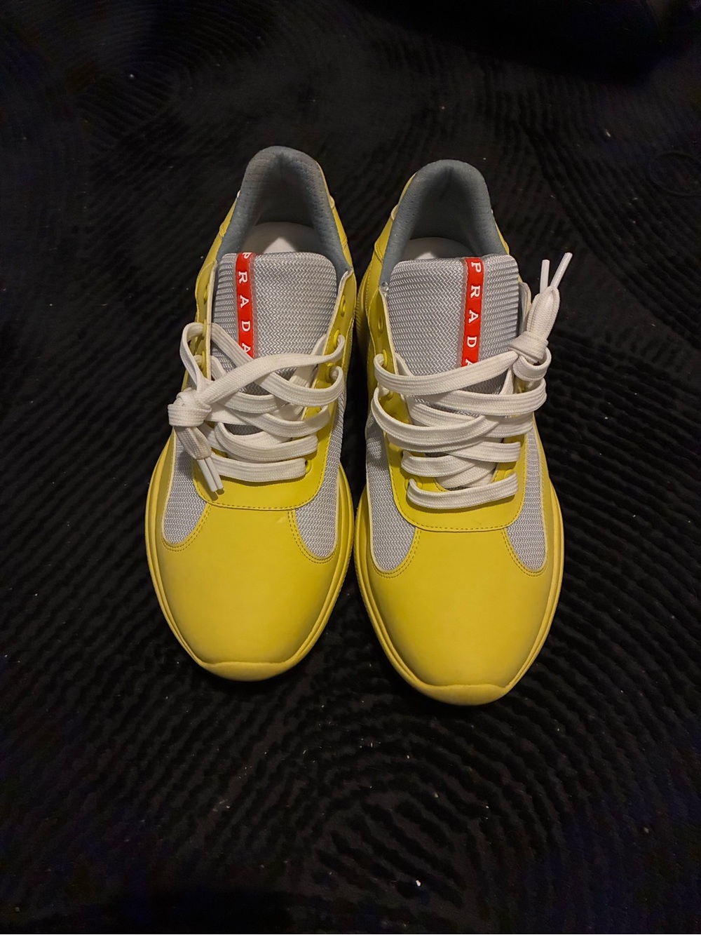 Prada Men’s Yellow and Gray Low-Top Sneakers with Red Logo - Picture 2 of 6